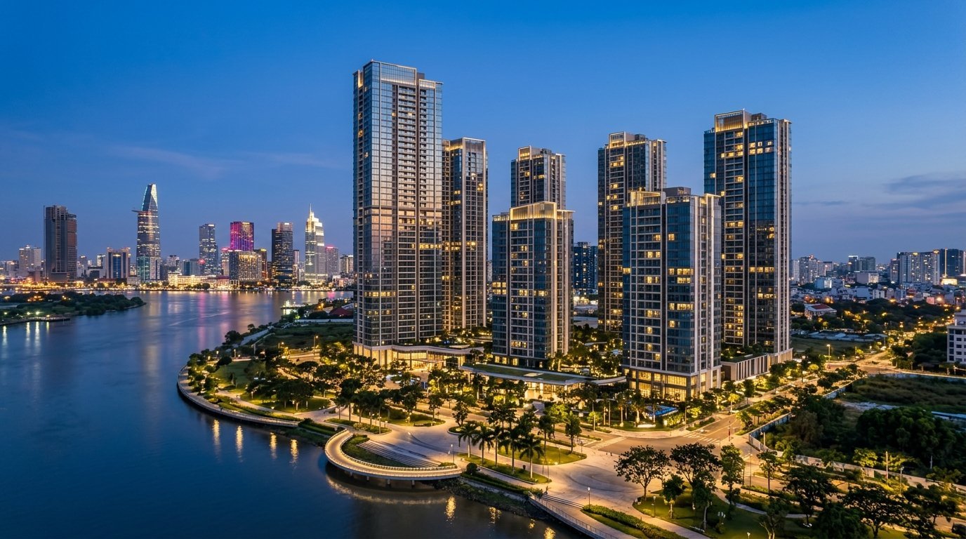 The Metropole Thu Thiem apartment towers in Thu Thiem New Urban Area