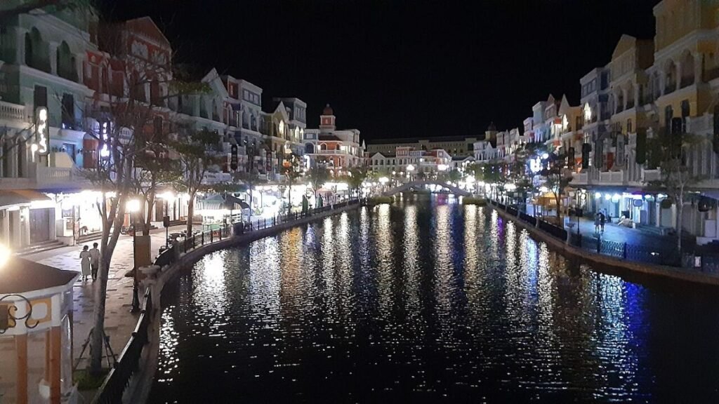 Grand World Phu Quoc canal street lined with shophouses at night