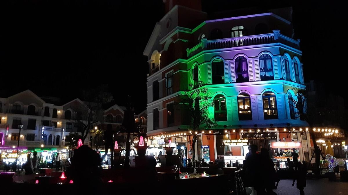 Lit-up shophouse facades in Grand World Phu Quoc