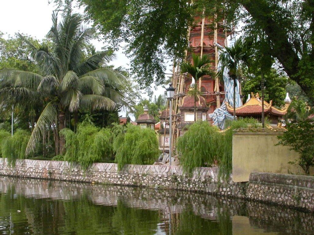 Lakeside trees and pagoda on West Lake