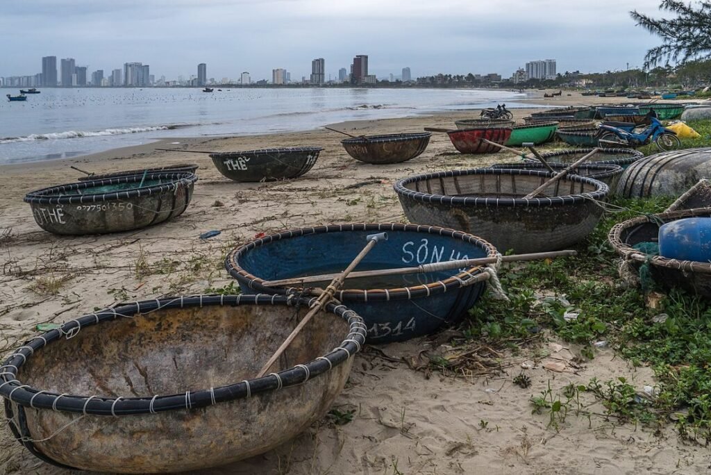 Coracle boats on the beach in Da Nang