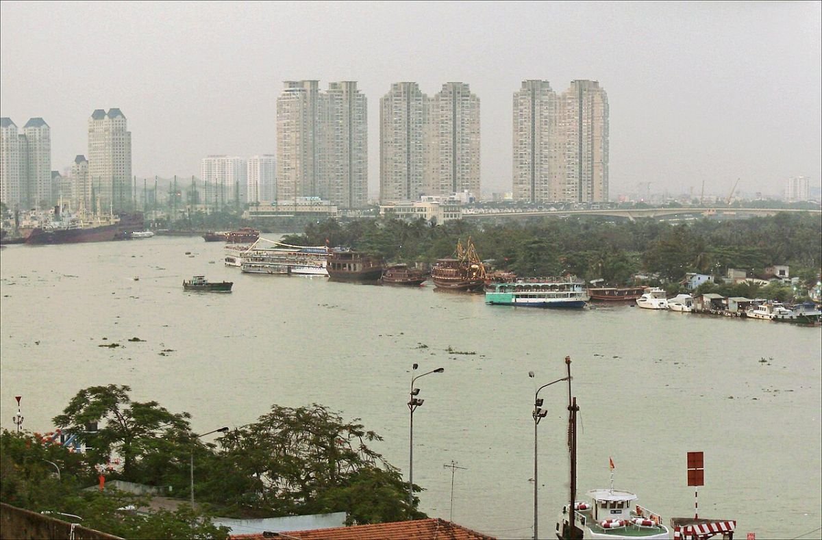 The Saigon River at dusk near this Saigon Pearl 1-bedroom for sale