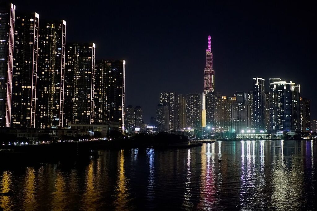 Landmark 81 and the city lit up at night, the evening view from this Saigon Pearl 2-bedroom for sale