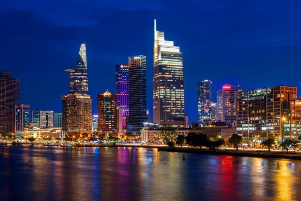 Ho Chi Minh City skyline at night, seen from the Saigon Pearl area