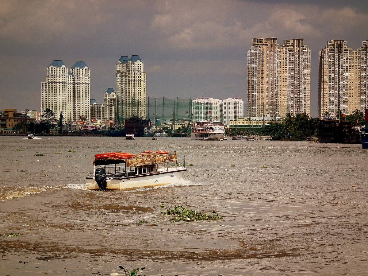 Riverside apartment towers on the Saigon River, near this Saigon Pearl 4-bedroom for sale