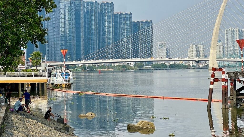 High-rise towers along the Saigon River, the outlook from this Saigon Pearl penthouse for sale