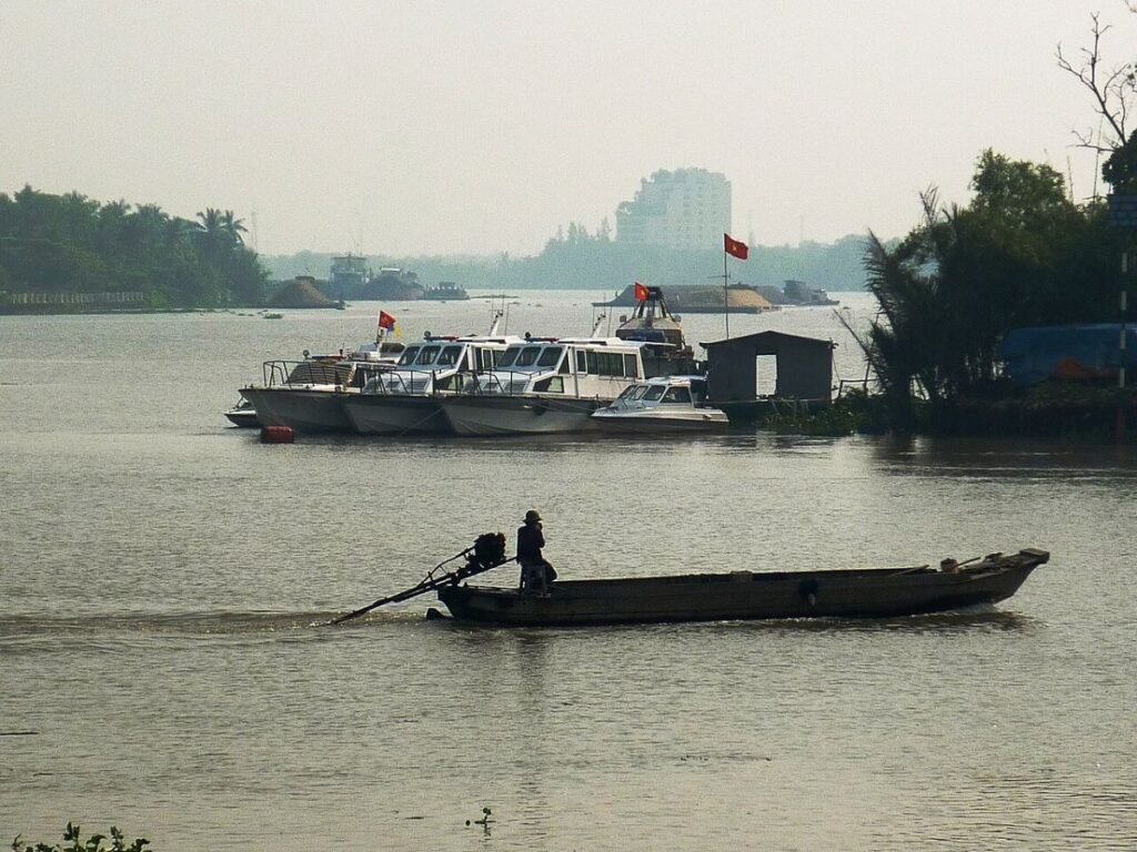 Sunset over the Saigon River, a short walk from this Saigon Pearl villa for sale