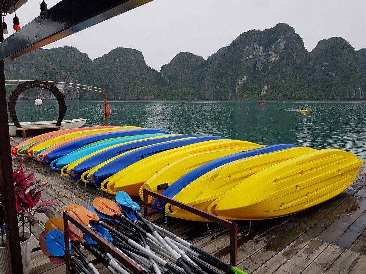 Kayaks moored in Ha Long Bay