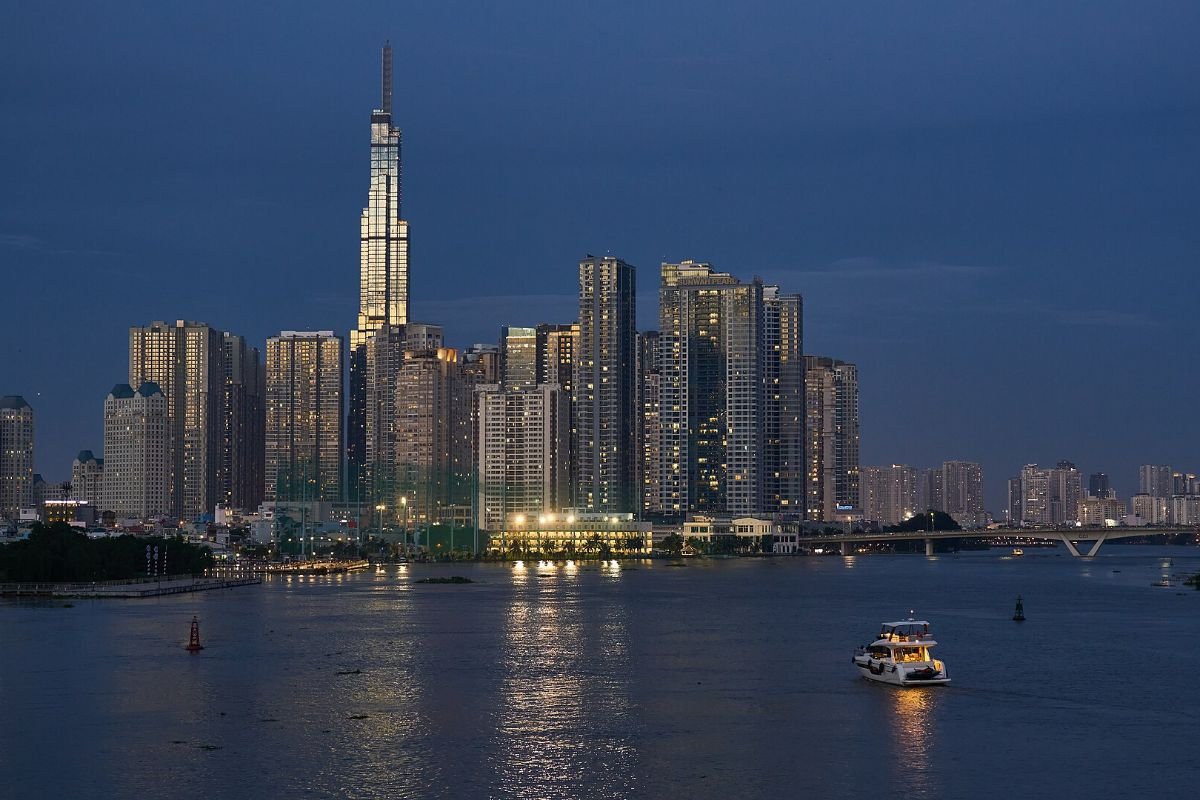 Saigon River at blue hour, the view from Sunwah Pearl 2-bedroom apartments