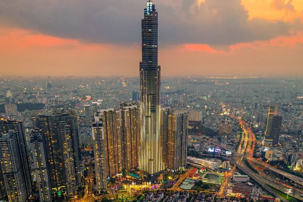 Aerial view of the riverside towers at Vinhomes Central Park, where the Landmark Plus duplex is for sale