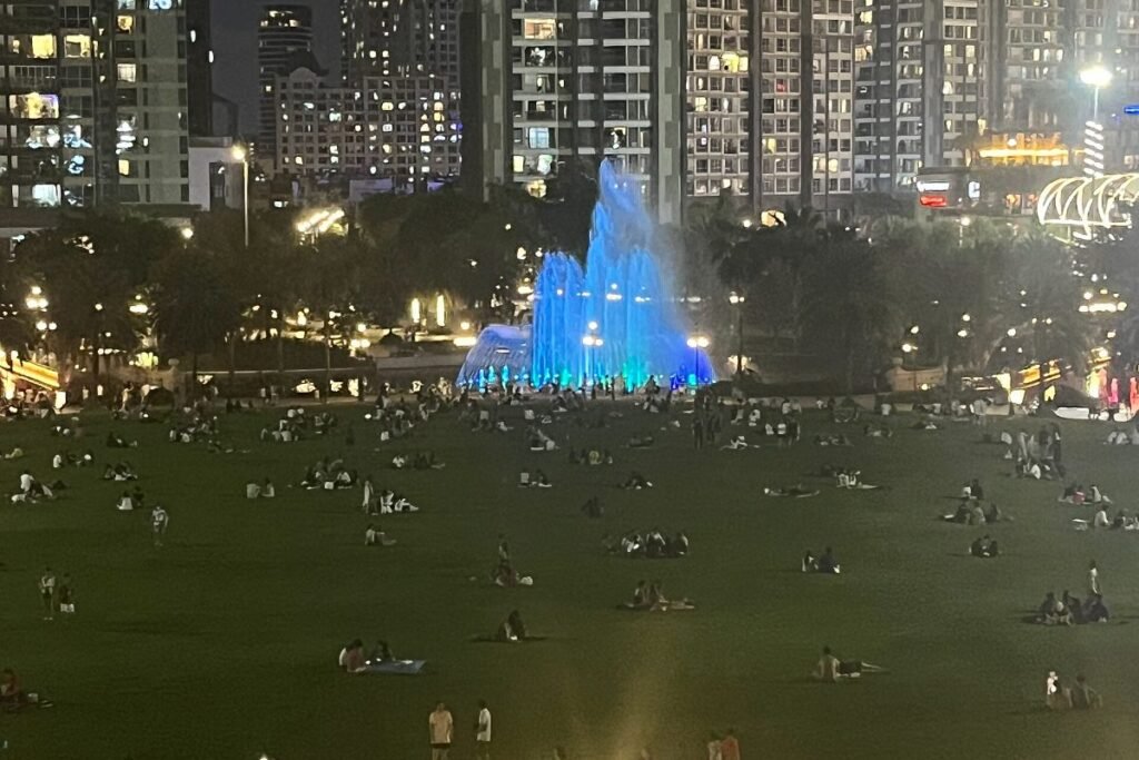 Evening light show over the central park at Vinhomes Central Park