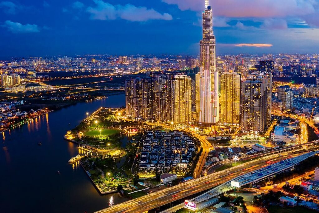 Landmark 81 and the Saigon River at dusk