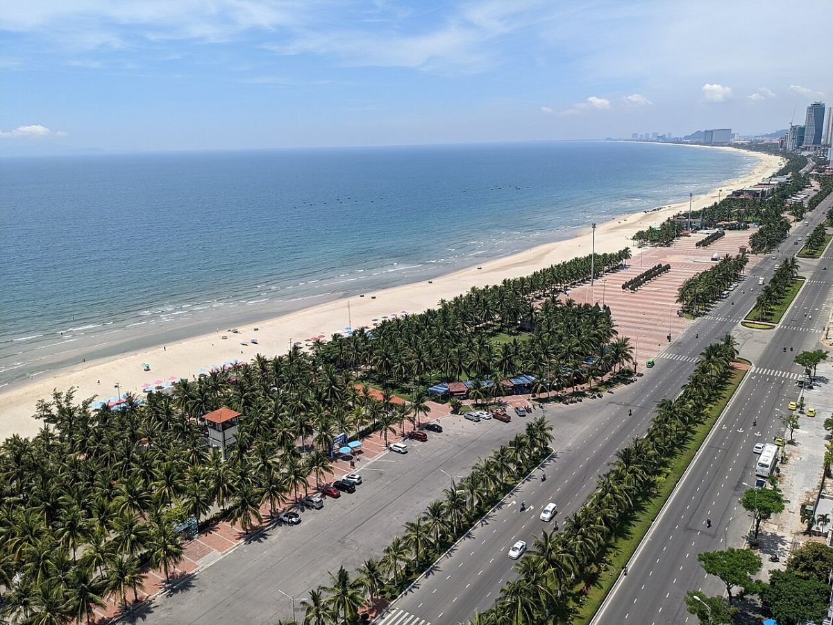 Coastal road and beach from above, Da Nang